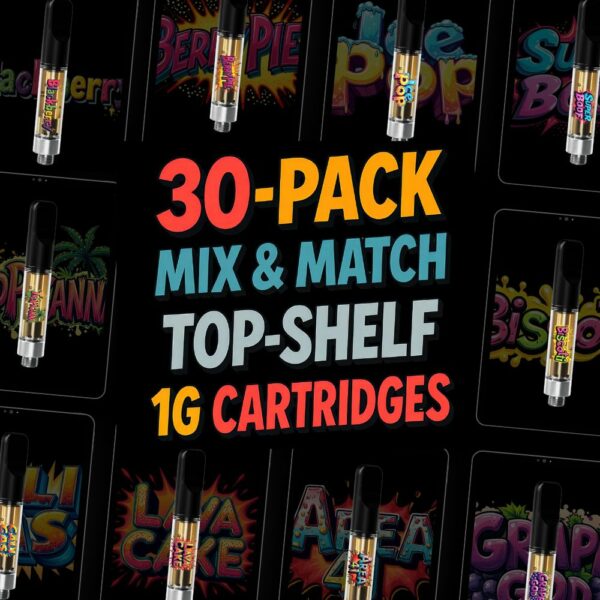 Bulk vape cartridge 30-pack mix and match bundle featuring 1G THC cartridges