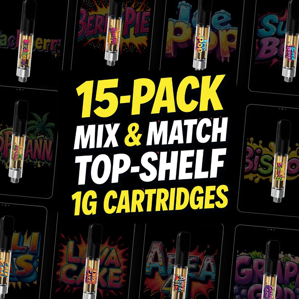 Bulk vape cartridge 15-pack mix and match bundle featuring 1G THC cartridges