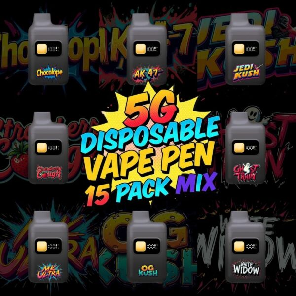 Mix & Match 15-pack of 5-gram disposable THC vape pens featuring strains like Chocolope, AK-47, Jedi Kush, Strawberry Cough, Ghost Train, Mr. Ultra, OG Kush, and White Widow.
