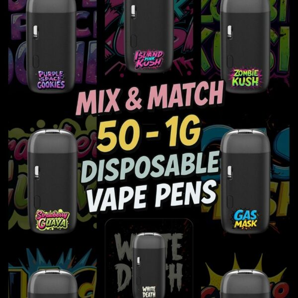 Mix and Match 50-pack of 1-gram disposable THC vape pens in assorted strains including Purple Space Cookies, Island Pink Kush, Zombie Kush, Strawberry Guava, Gas Mask, and White Death.
