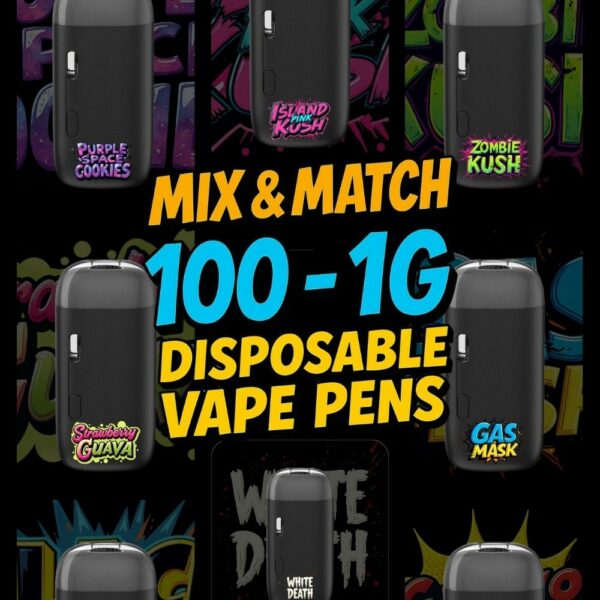 Mix and Match 100-pack of 1-gram disposable THC vape pens in assorted strains including Purple Space Cookies, Island Pink Kush, Zombie Kush, Strawberry Guava, Gas Mask, and White Death.