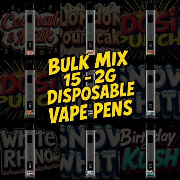 Bulk mix 15-pack of 2-gram disposable THC vape pens in assorted strains including Cereal & Milk, London Poundcake, Dosi Punch, Extra Punch, White Rhino, Snow White, and Birthday Kush.