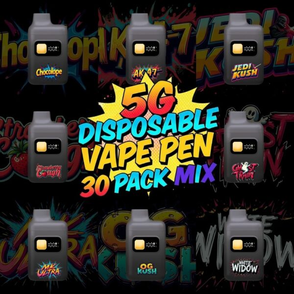 Mix & Match 30-pack of 5-gram disposable THC vape pens featuring strains like Chocolope, AK-47, Jedi Kush, Strawberry Cough, Ghost Train, Mr. Ultra, OG Kush, and White Widow.