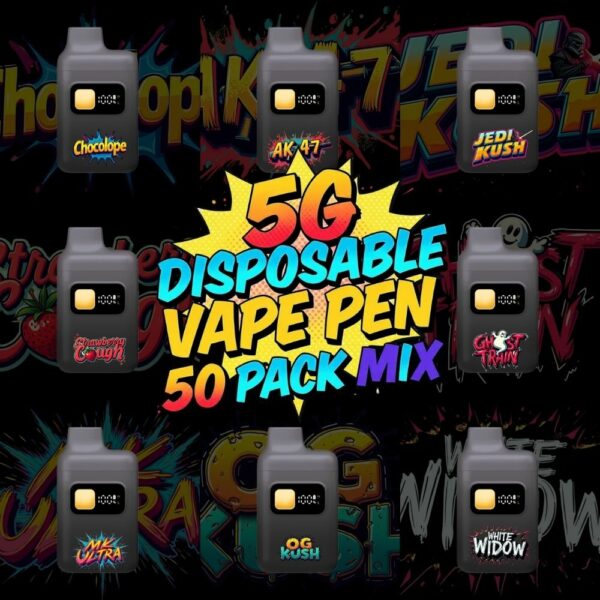 Mix & Match 50-pack of 5-gram disposable THC vape pens featuring strains like Chocolope, AK-47, Jedi Kush, Strawberry Cough, Ghost Train, Mr. Ultra, OG Kush, and White Widow.