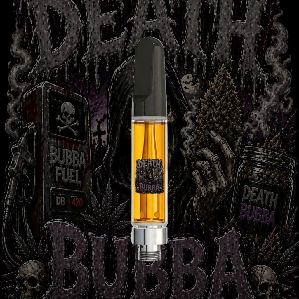 Death Bubba HTSFE vape cartridge with dark gothic cannabis artwork, premium full-spectrum THC oil, and heavy indica strain branding