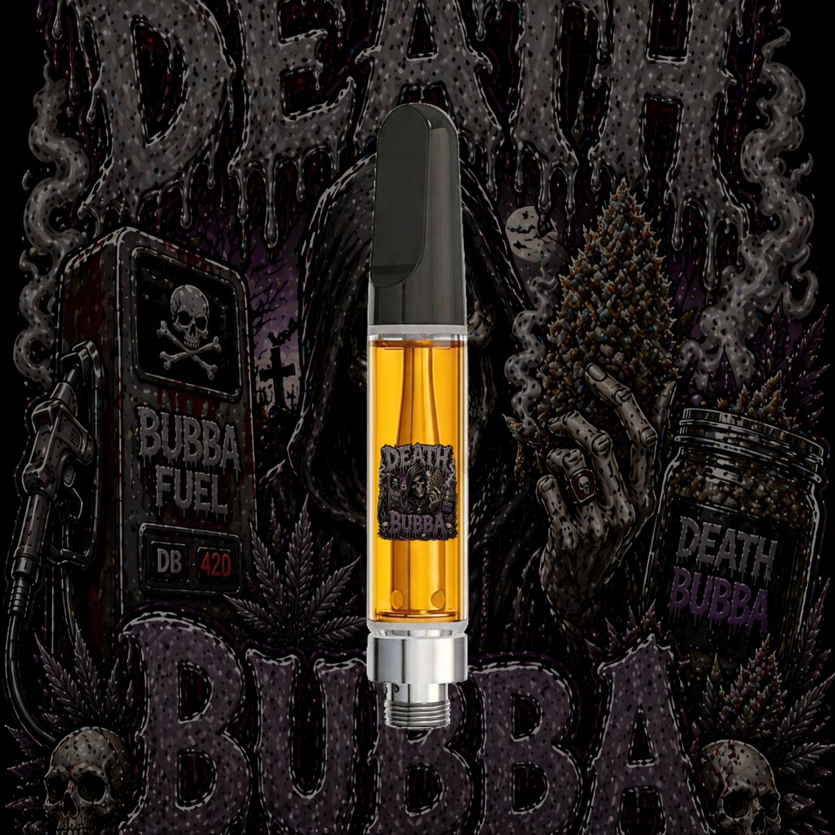 Death Bubba HTSFE vape cartridge with dark gothic cannabis artwork, premium full-spectrum THC oil, and heavy indica strain branding