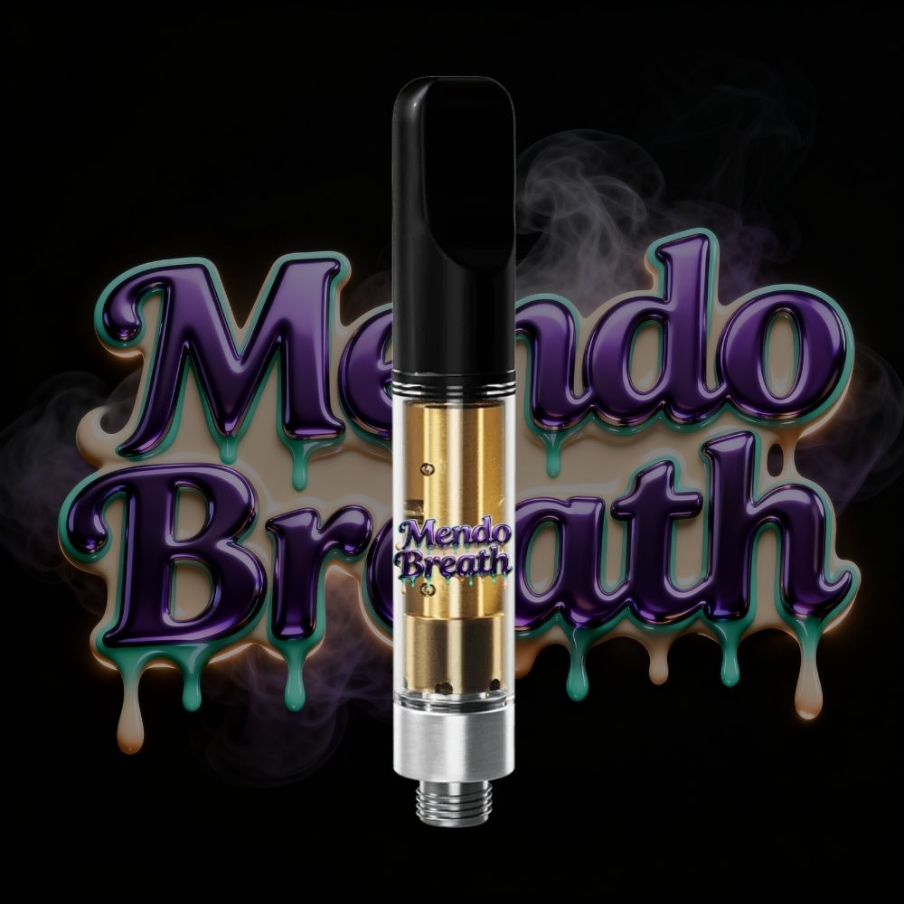 Mendo Breath THC vape cartridge with dripping purple and teal text logo surrounded by smoke.