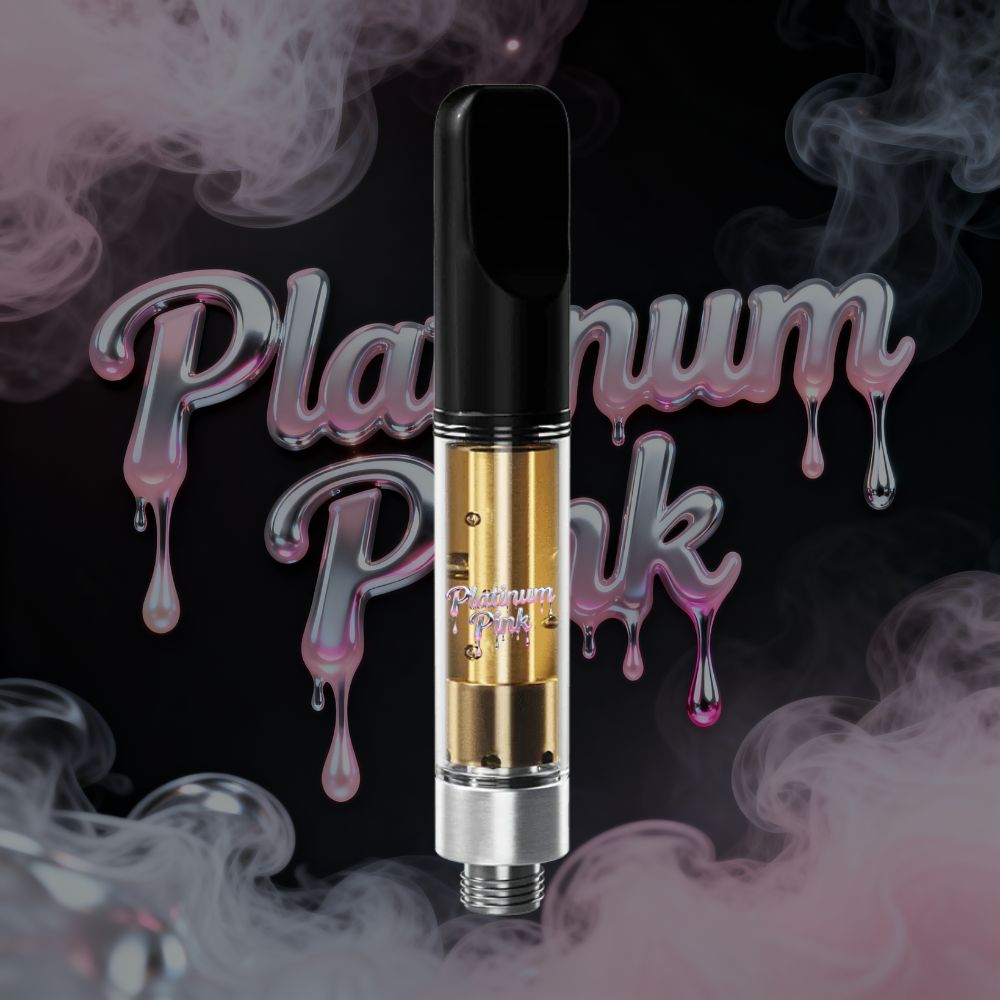 Platinum Pink THC vape cartridge with metallic pink text and swirling smoke background.
