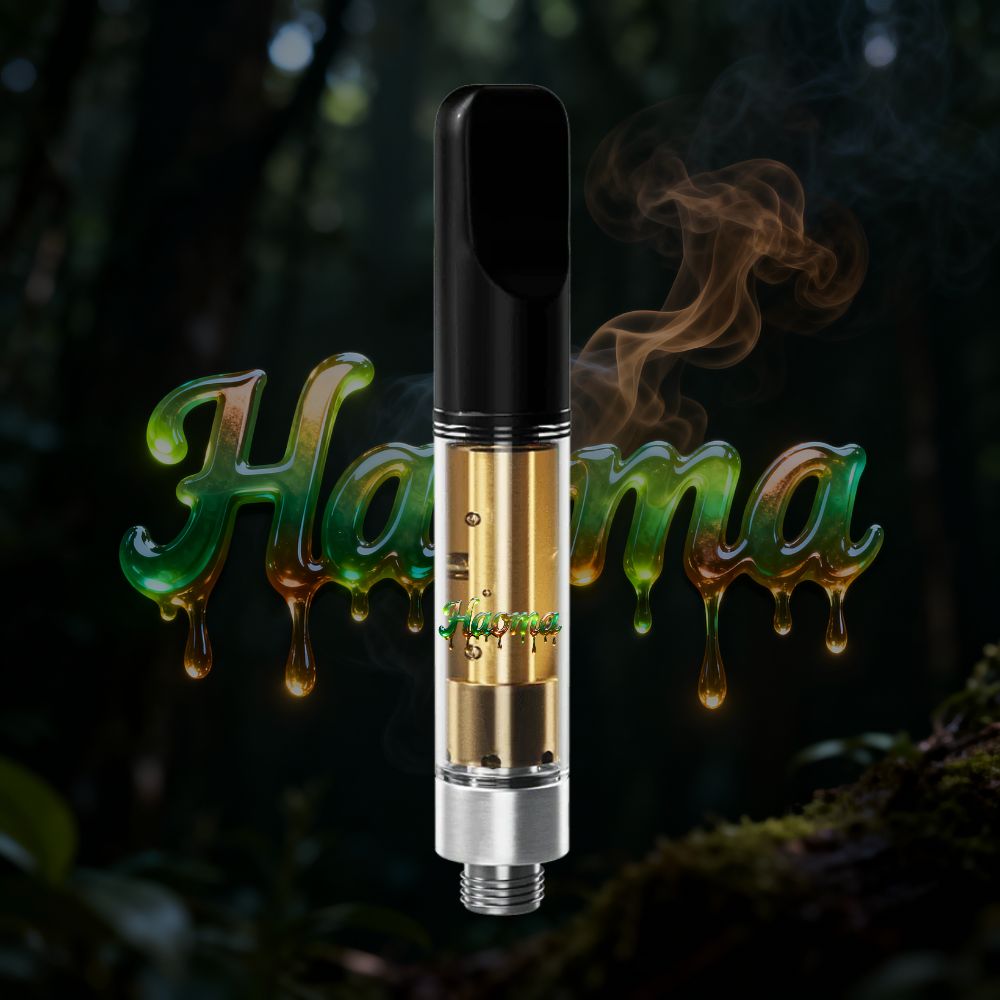 Haoma THC vape cartridge with green and amber dripping text and forest background.