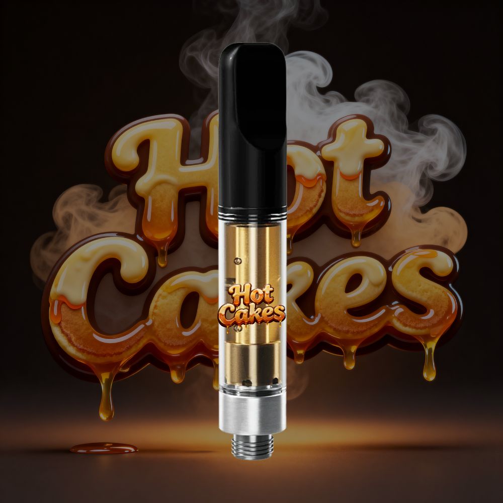 Hot Cakes THC vape cartridge with caramel brown dripping text and warm smoke tones.