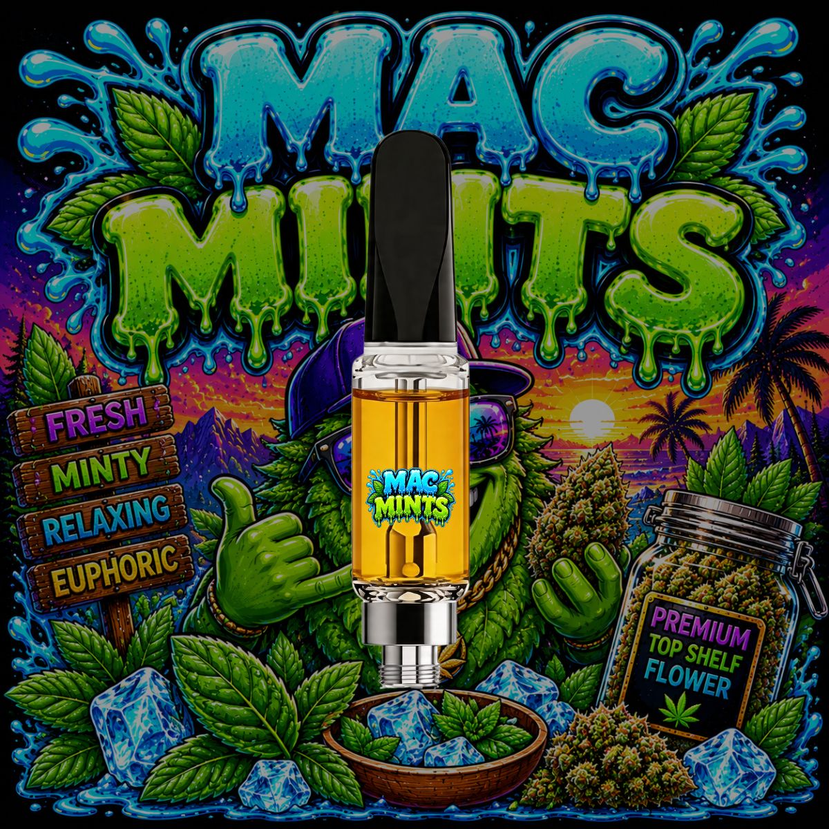 Mac Mints THC vape cartridge featuring mint-inspired strain artwork with a premium 510-thread cartridge filled with golden cannabis oil.