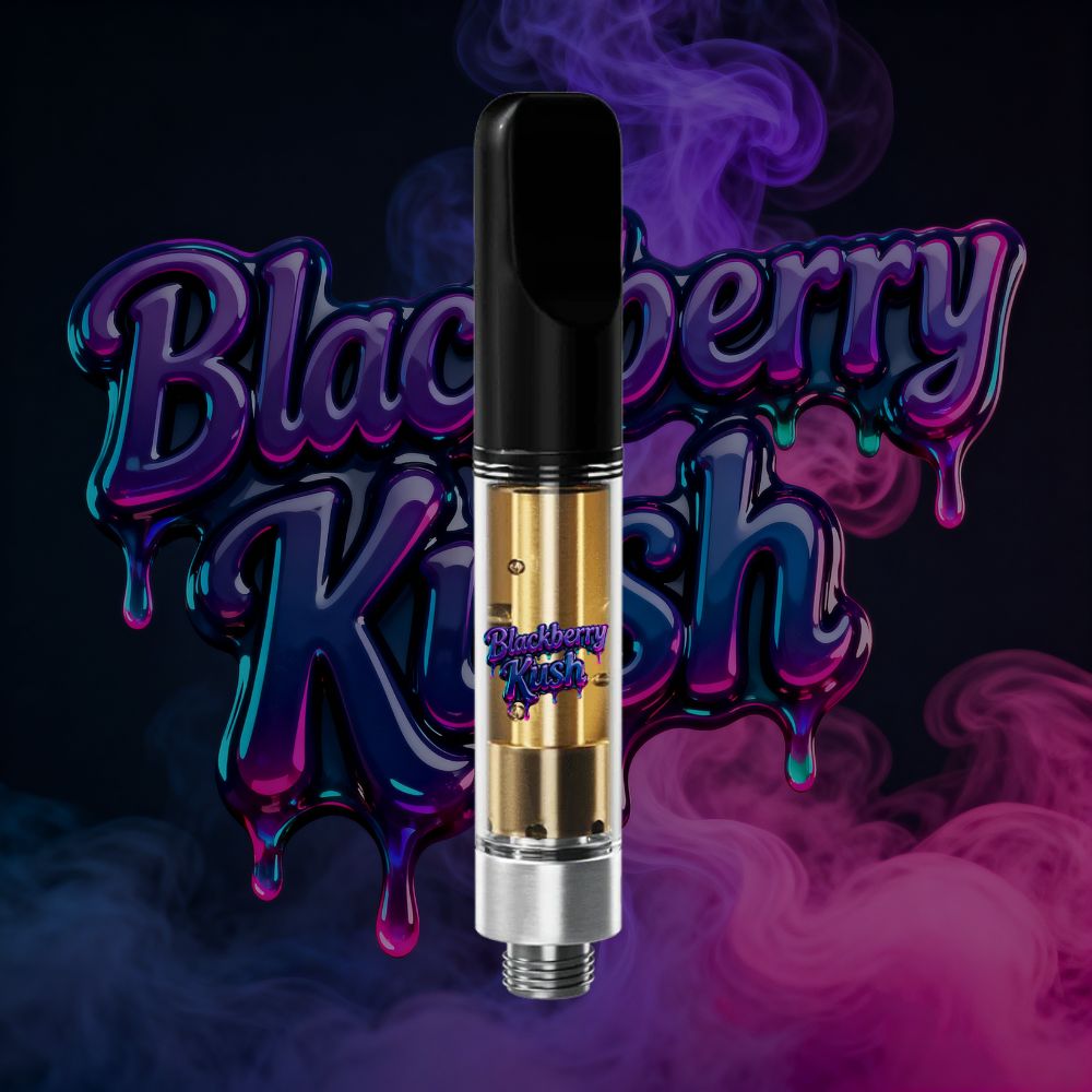 Blackberry Kush THC vape cartridge with dripping purple and teal logo surrounded by pink and violet smoke.