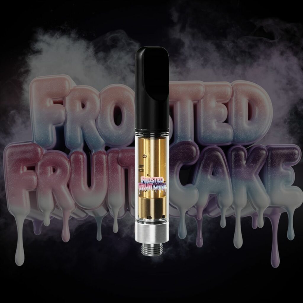 Frosted Fruit Cake Vape Cartridge 1G THC vape cartridge with gold oil and black mouthpiece on icy dripping strain background