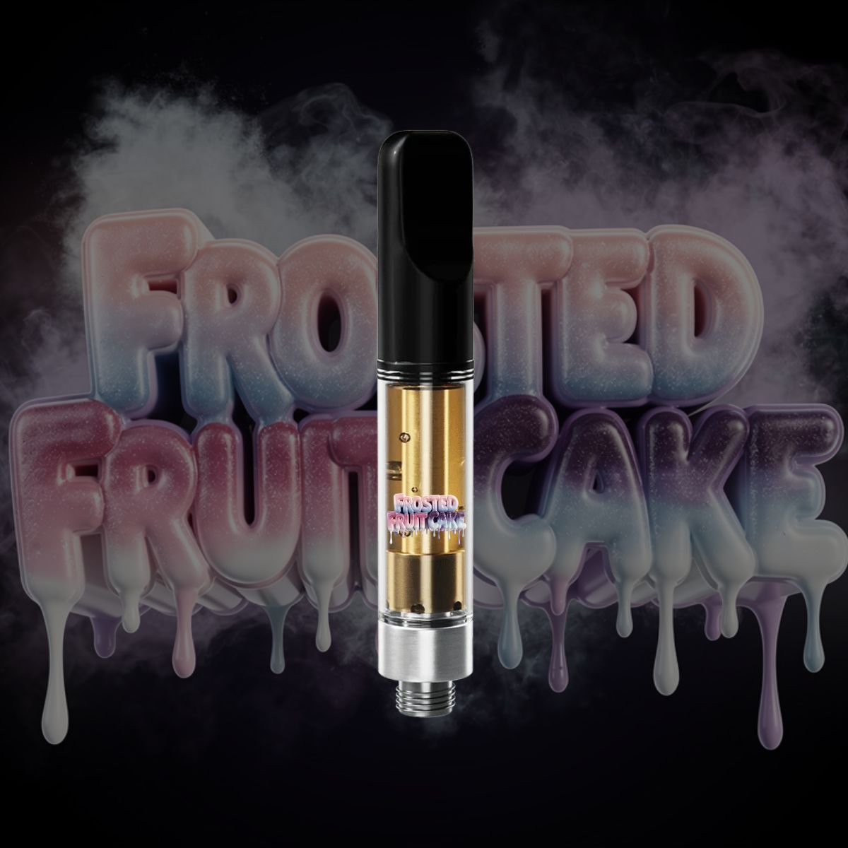 Frosted Fruit Cake Vape Cartridge 1G THC vape cartridge with gold oil and black mouthpiece on icy dripping strain background