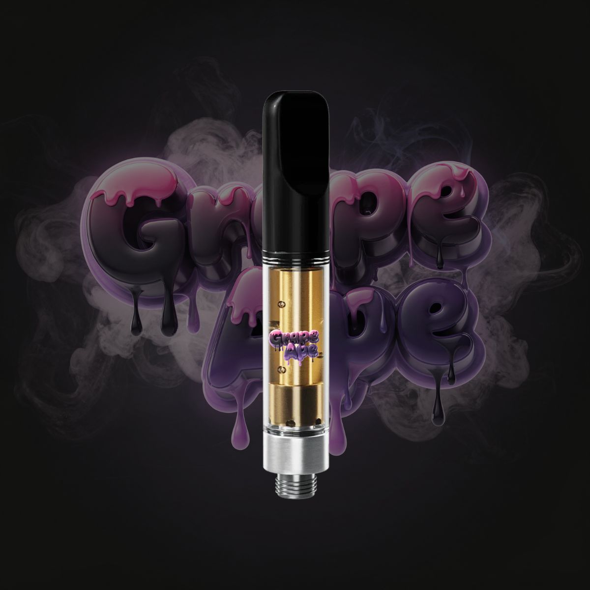 Grape Ape Vape Cartridge 1G THC vape cartridge with gold oil and black mouthpiece on purple dripping strain background