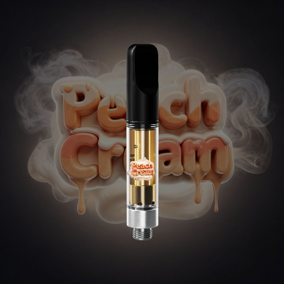 Peach Cream Vape Cartridge 1G THC vape cartridge with gold oil and black mouthpiece on creamy peach strain background
