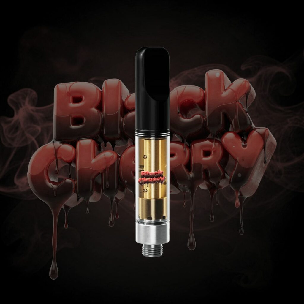 Black Cherry Vape Cartridge 1G THC vape cartridge with gold oil and black mouthpiece on dark cherry dripping background
