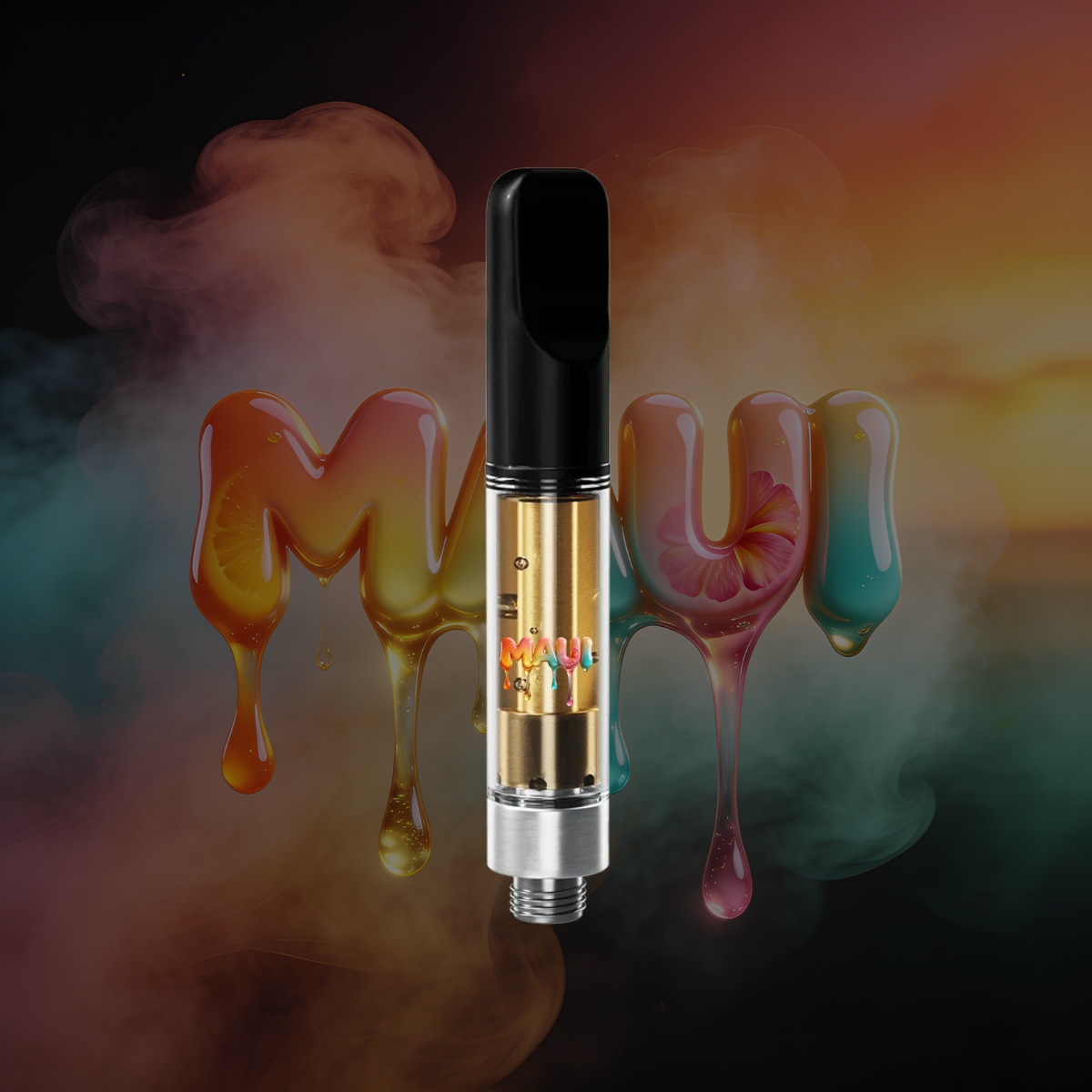 Maui Vape Cartridge 1G THC vape cartridge with gold oil and black mouthpiece against colorful dripping Maui background