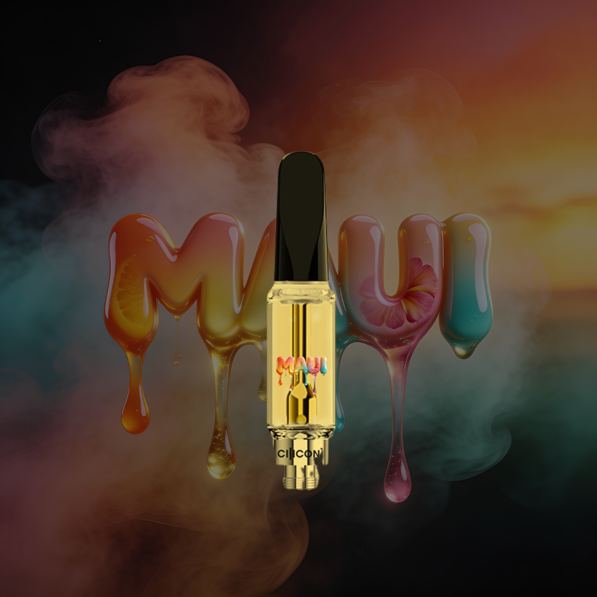 Maui Vape Cartridge 2G THC vape cartridge with large oil chamber and ceramic hardware on Maui dripping tropical background