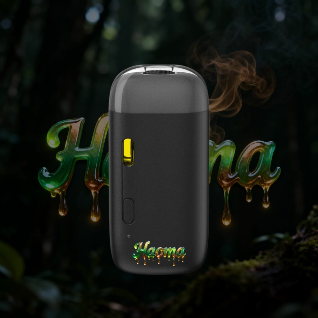 Haoma THC vape pen front view with forest smoke background.