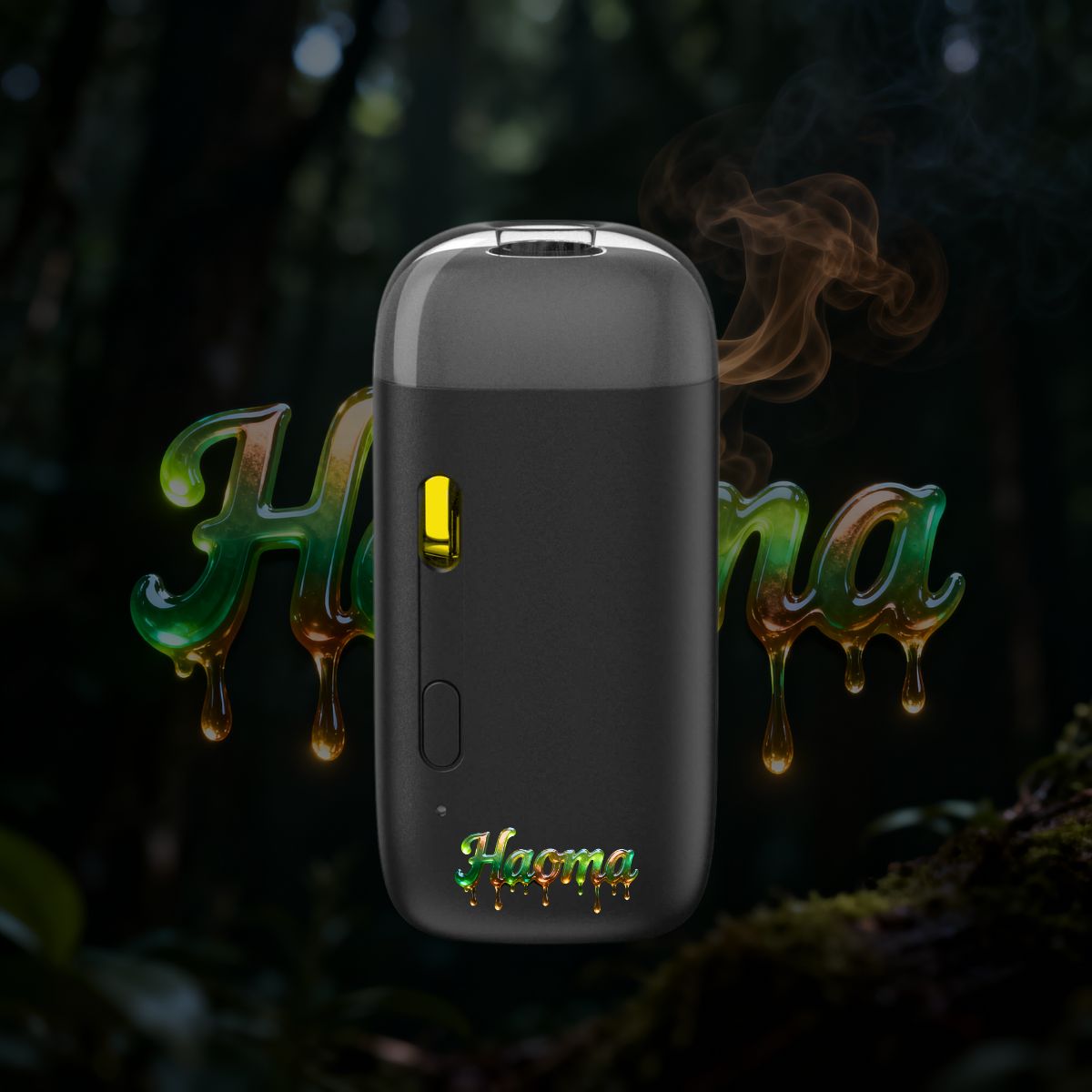 Haoma THC vape pen front view with forest smoke background.