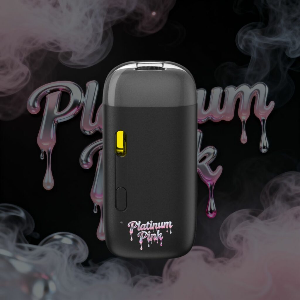 Platinum Pink THC vape pen front view with smoke background.