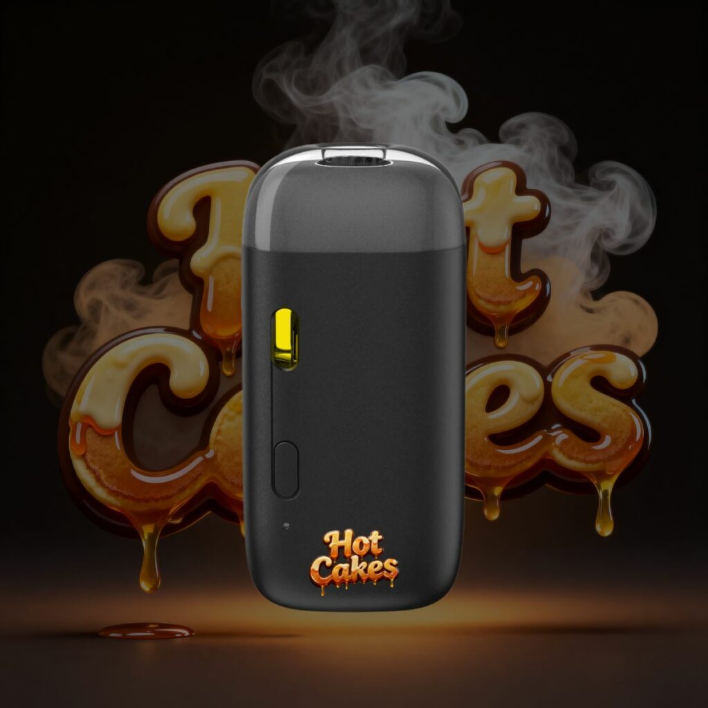 Hot Cakes THC vape pen front view with smoke and caramel background.