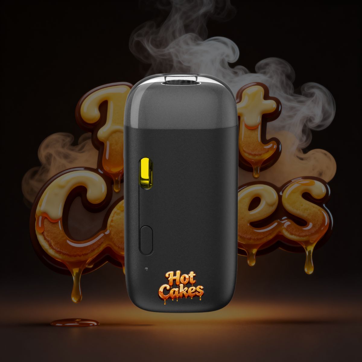 Hot Cakes THC vape pen front view with smoke and caramel background.