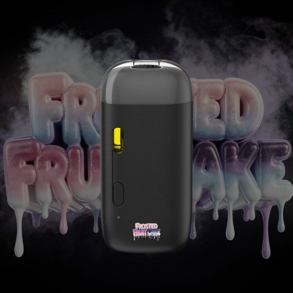 Frosted Fruit Cake THC vape pen front view with smoky frosted candy background.
