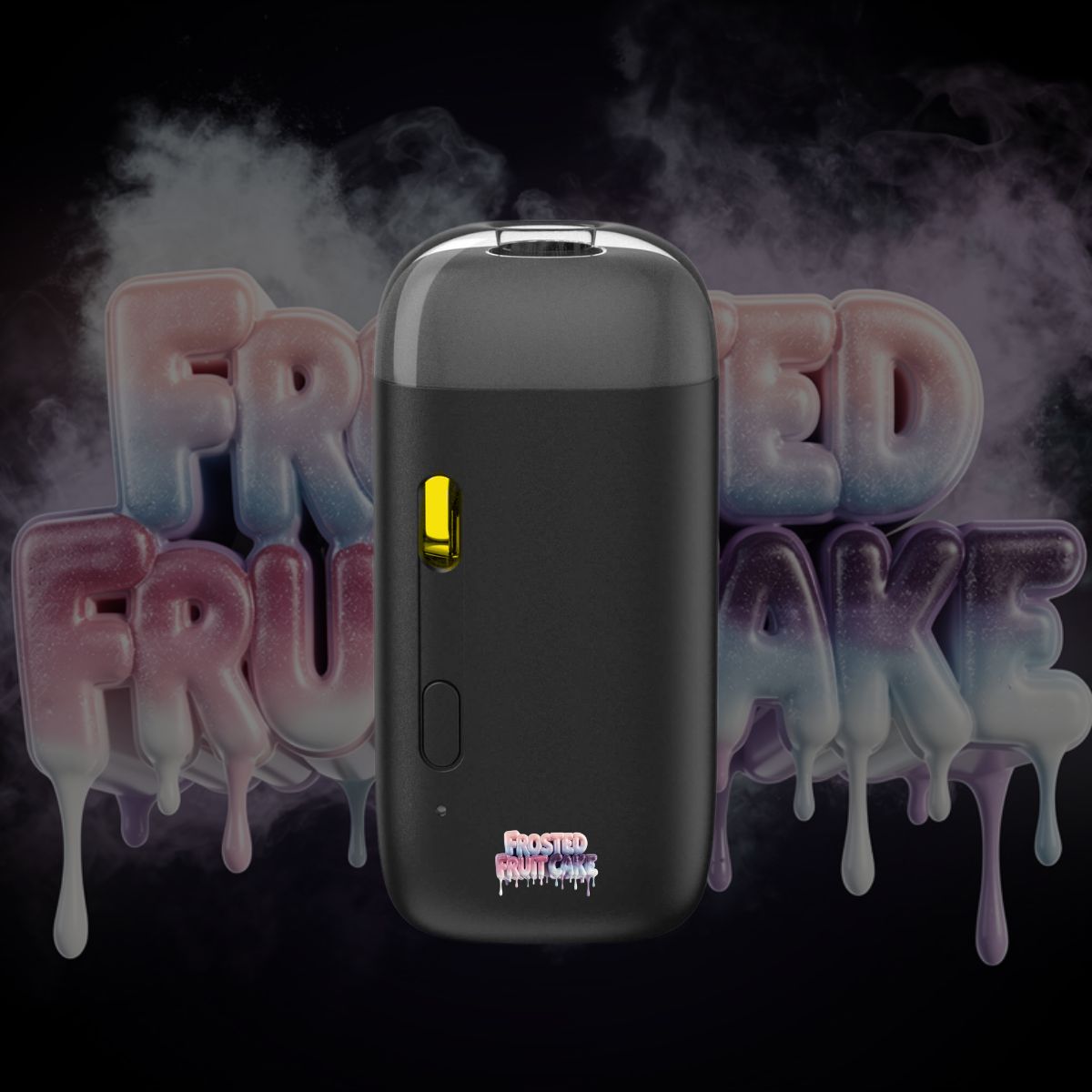 Frosted Fruit Cake THC vape pen front view with smoky frosted candy background.