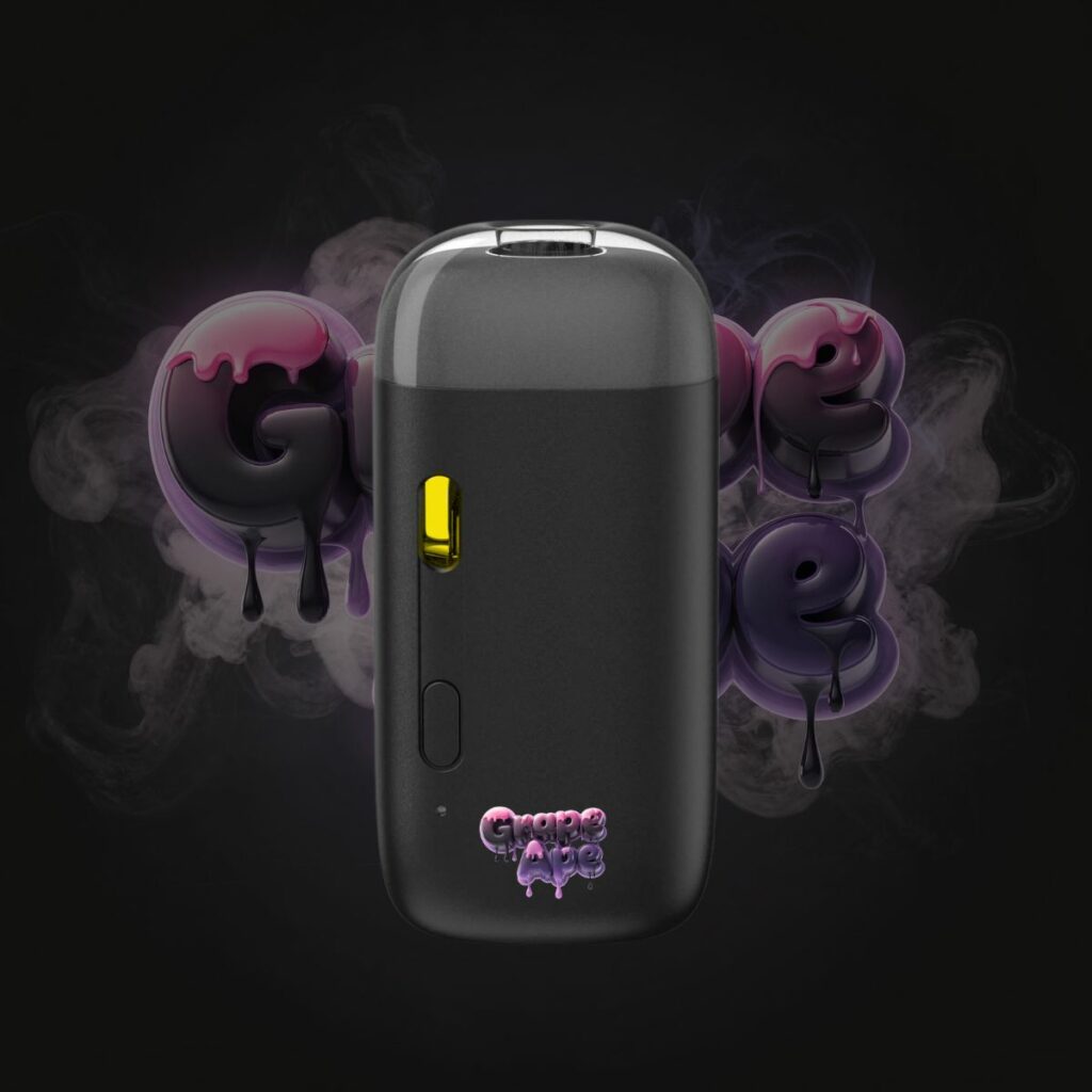 Grape Ape THC vape pen front view with purple smoke background.