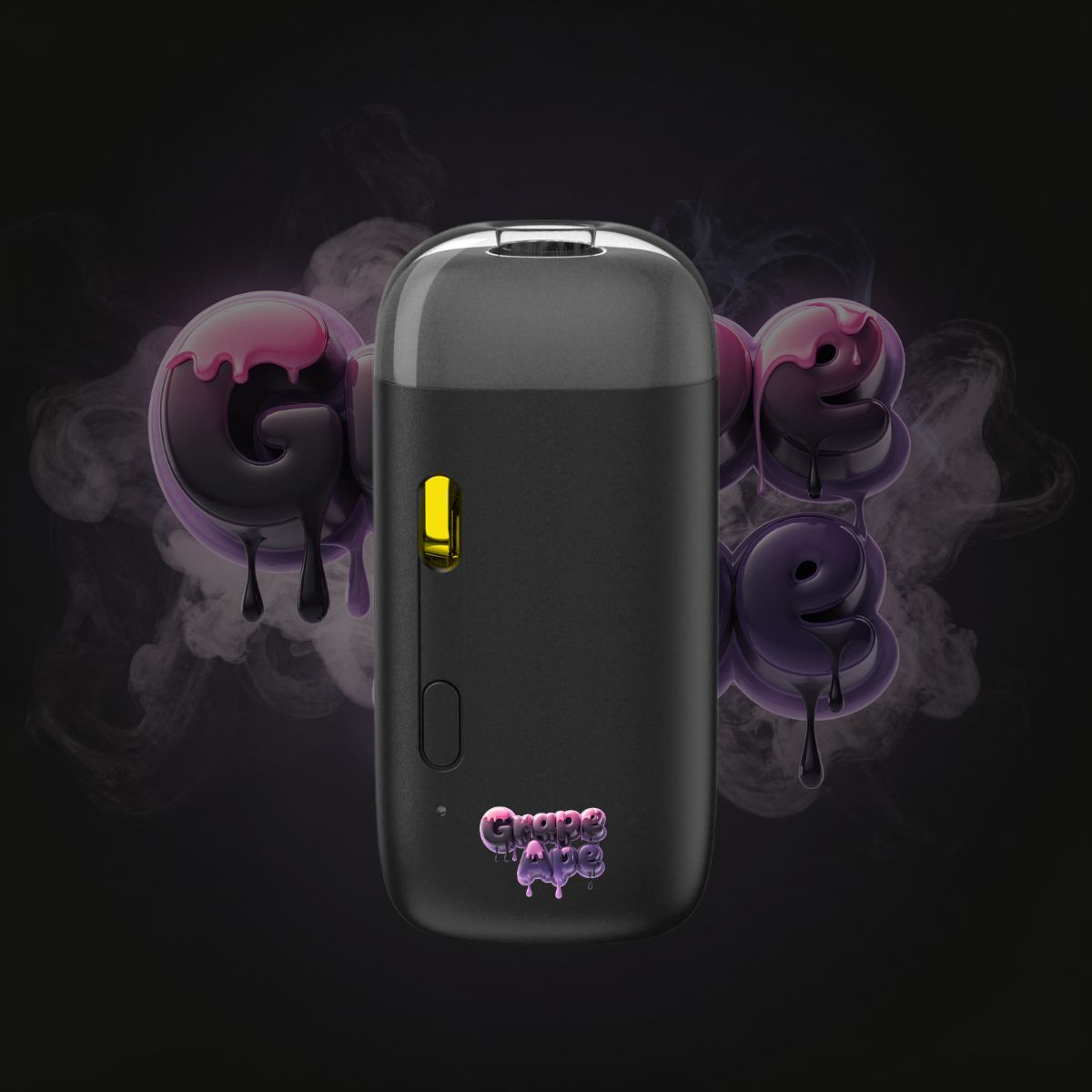 Grape Ape THC vape pen front view with purple smoke background.