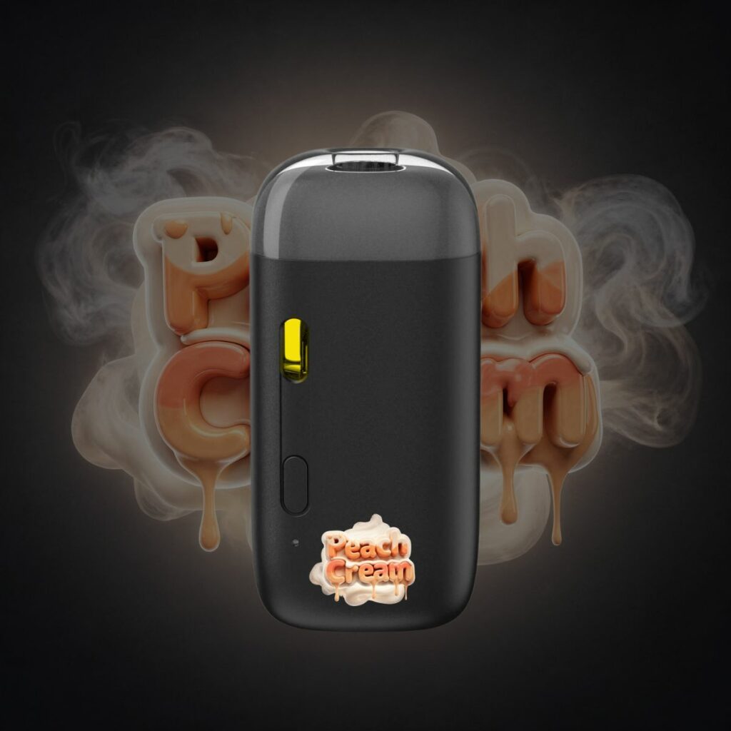 Peach Cream THC vape pen front view with creamy peach smoke background.
