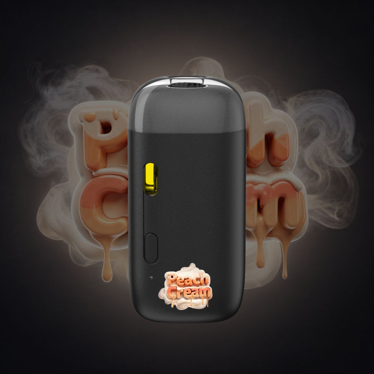 Peach Cream THC vape pen front view with creamy peach smoke background.