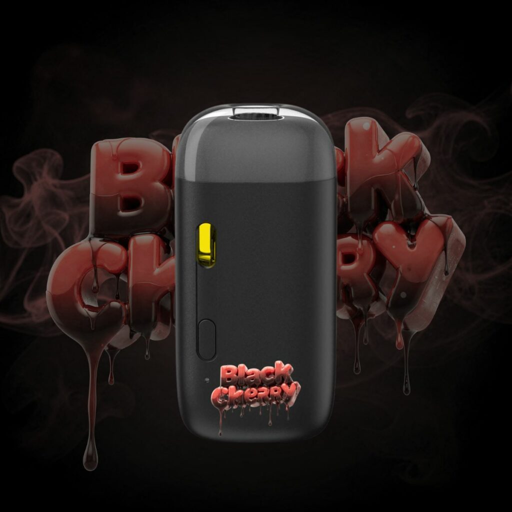 Black Cherry THC vape pen front view with dark cherry smoke background.
