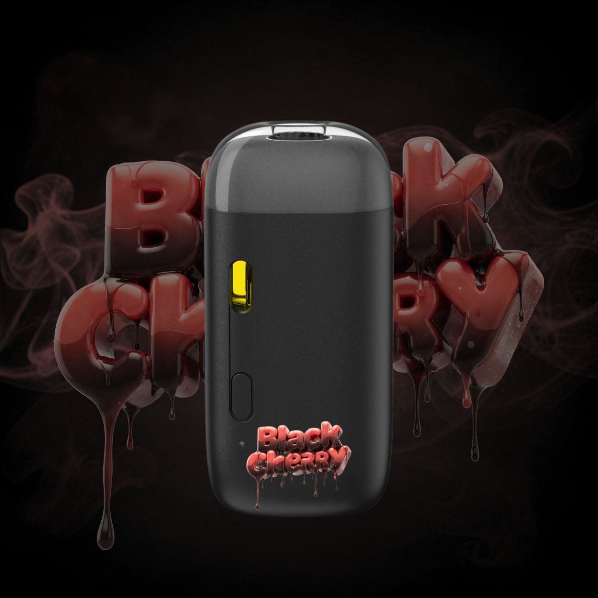 Black Cherry THC vape pen front view with dark cherry smoke background.