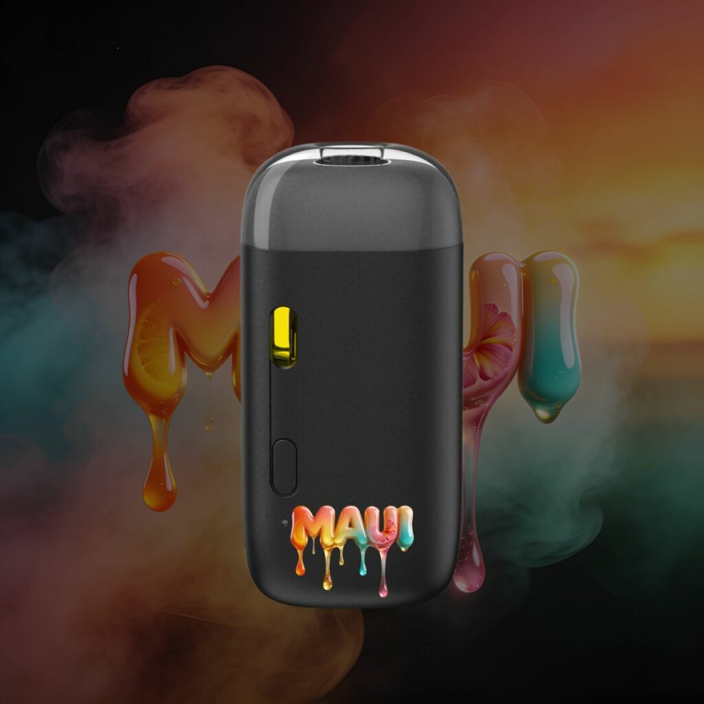 Maui THC vape pen front view with tropical smoke and colorful Maui background text.