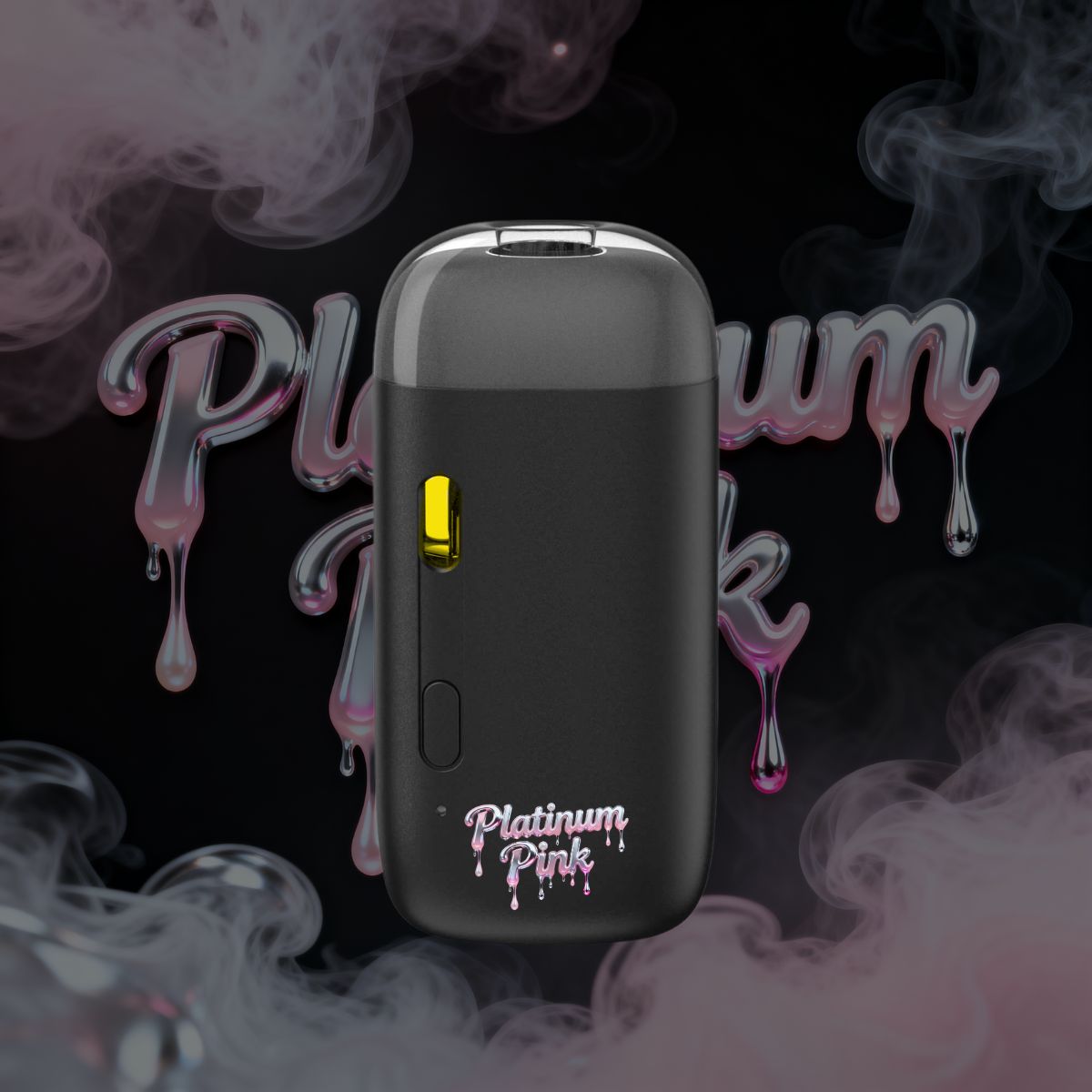 Platinum Pink THC vape pen front view with smoke background.