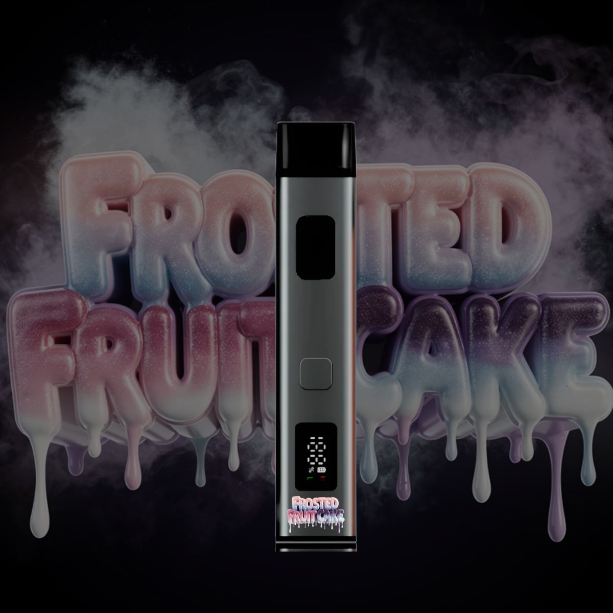 Frosted Fruit Cake THC vape pen slim metallic design with LED display and smoke background.