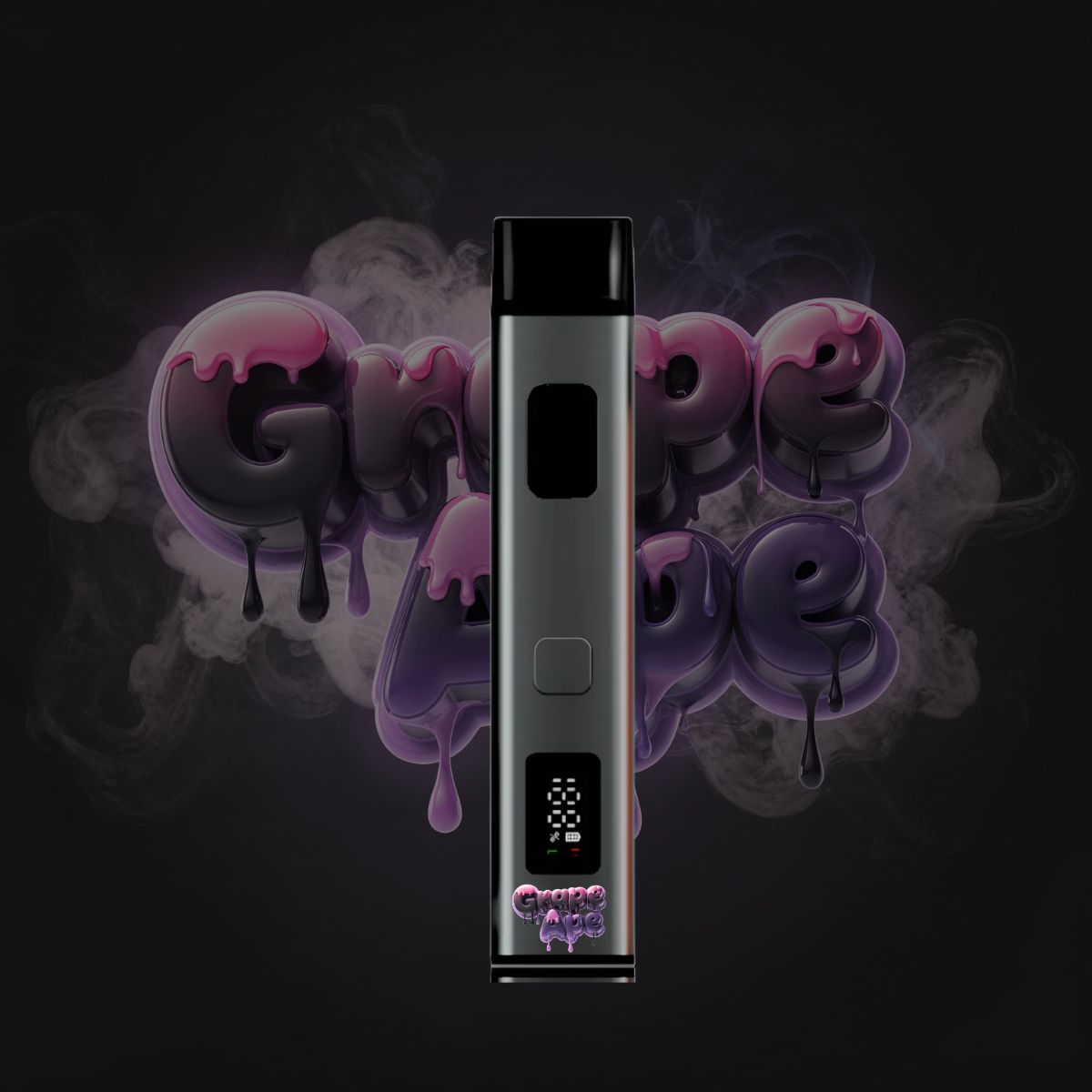 Grape Ape THC vape pen with slim metallic body and LED display.