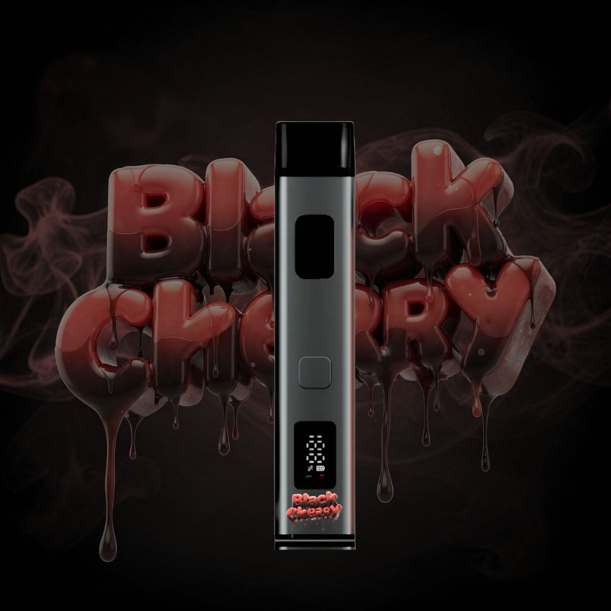 Black Cherry THC vape pen slim metallic design with LED display and cherry smoke background.