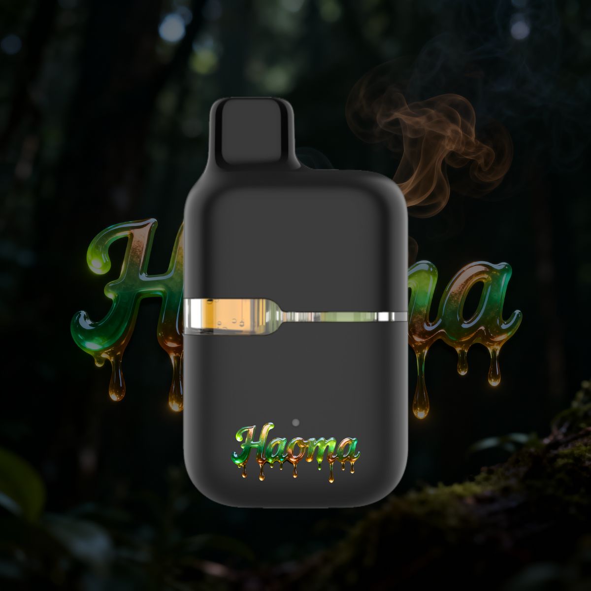 Haoma THC pod style disposable vape pen with visible oil chamber.