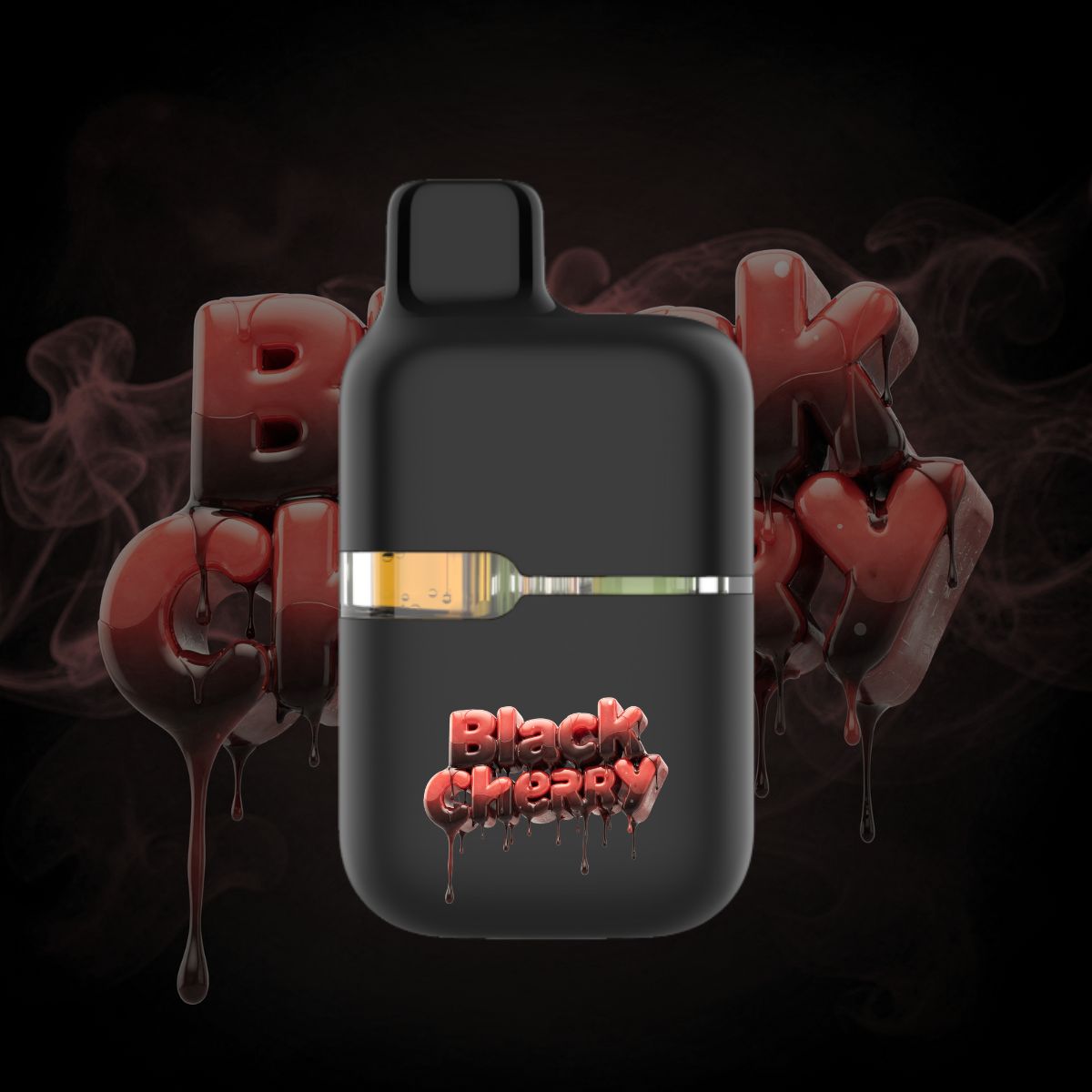 Black Cherry THC pod style disposable vape pen with visible THC oil chamber.