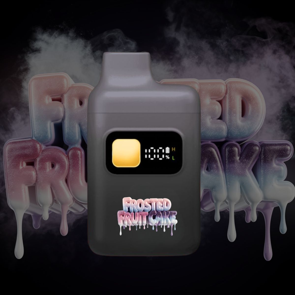 Frosted Fruit Cake THC smart vape pen with adjustable heat settings and digital screen.