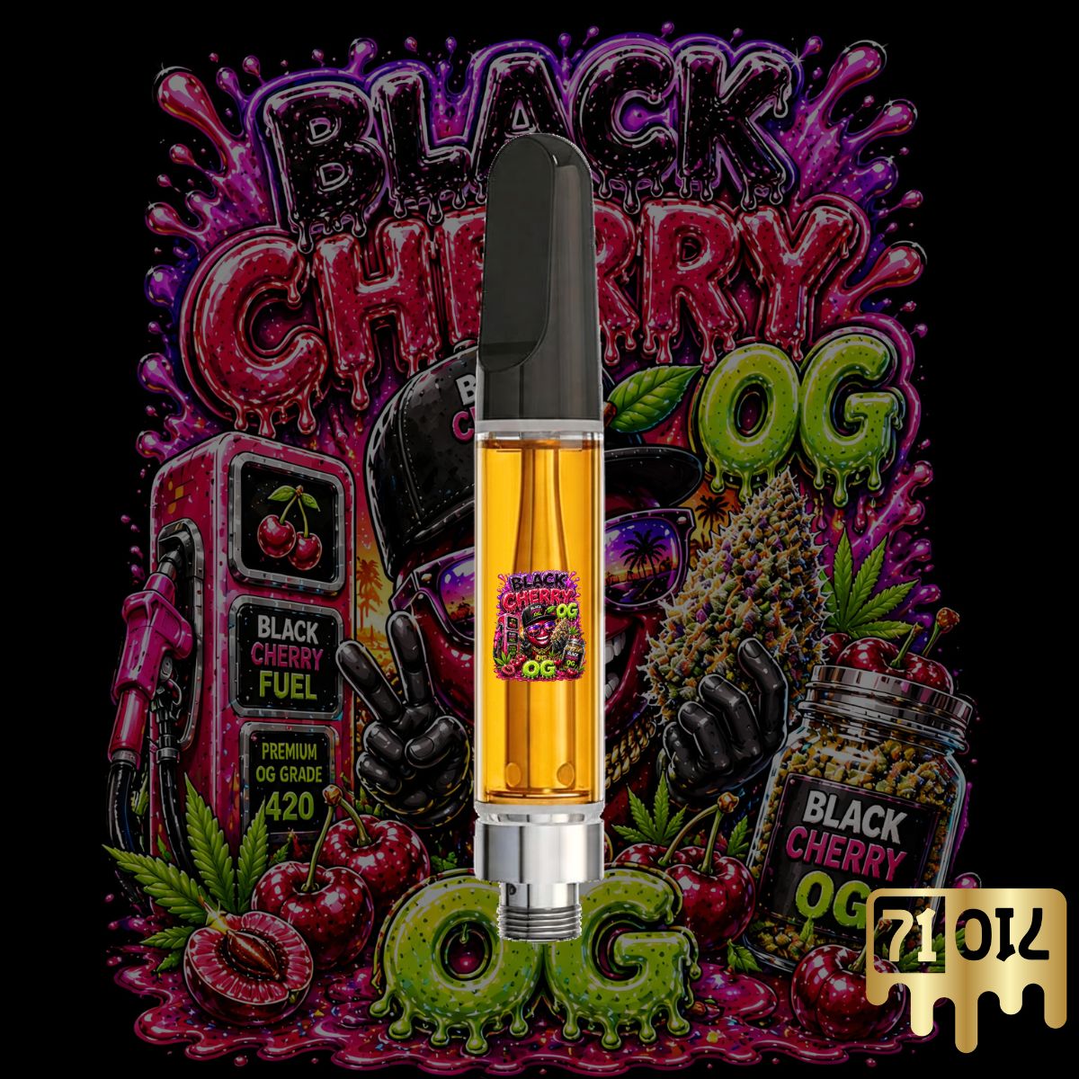 Black Cherry OG THC vape cartridge featuring vibrant cherry-inspired artwork with a premium 510-thread cannabis cartridge filled with golden oil.