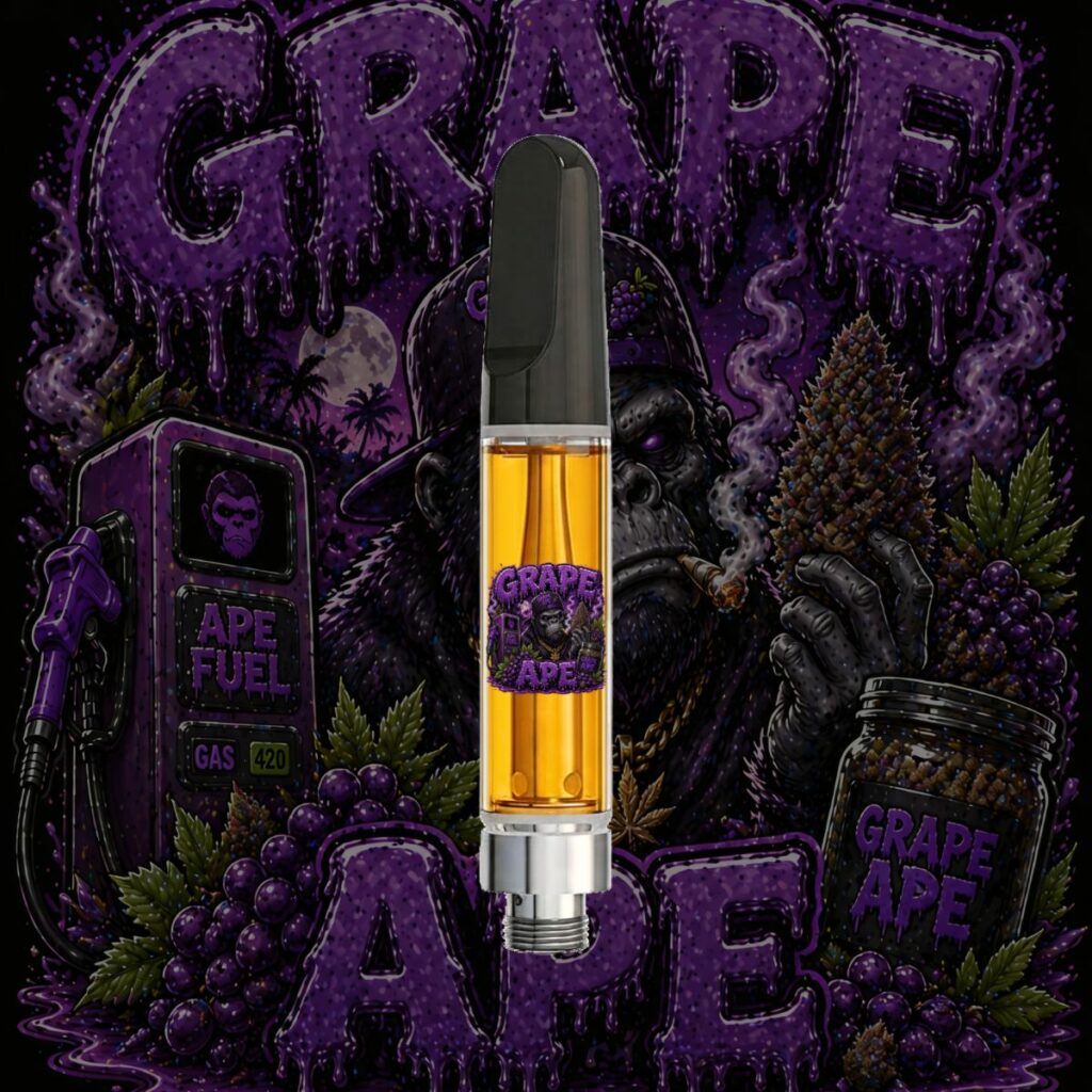 Grape Ape HTSFE vape cartridge with purple grape-themed artwork, premium full-spectrum THC oil, and indica cannabis strain design