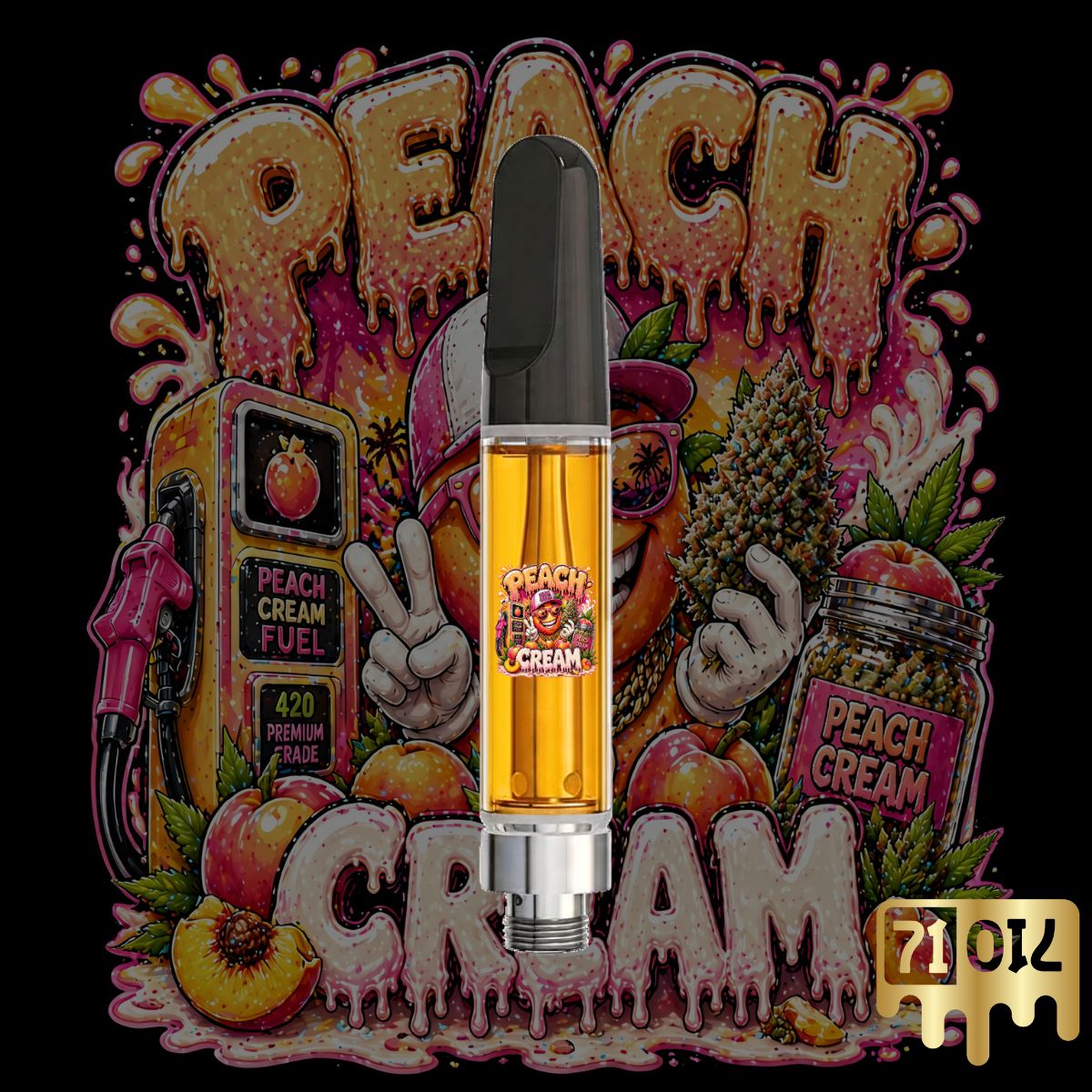 Peach Cream THC vape pen front view with creamy peach smoke background.