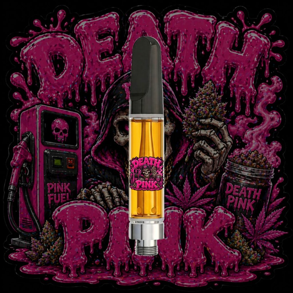 Death Pink, death pink vape, death pink cartridge, death pink HTSFE vape cartridge, indica vape, heavy indica, gas strain, pink kush strain, solventless vape, HTSFE live resin, THC cart, ceramic vape cartridge, full spectrum extract, relaxing vape, nighttime vape, gassy terpene profile, premium cannabis oil, couch lock strain, exotic indica, terpene rich vape, 71oil, full body effects, kush vape cartridge, floral gas strain, high THC vape, smooth vapor, live resin cart, potent indica strain, premium THC cartridge, sweet gas flavor