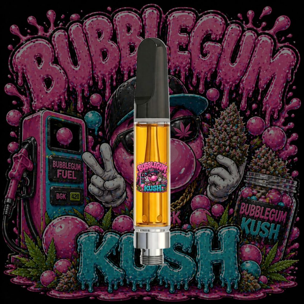 Bubblegum Kush HTSFE vape cartridge and ceramic THC cart with pink candy-themed artwork and premium full-spectrum cannabis oil