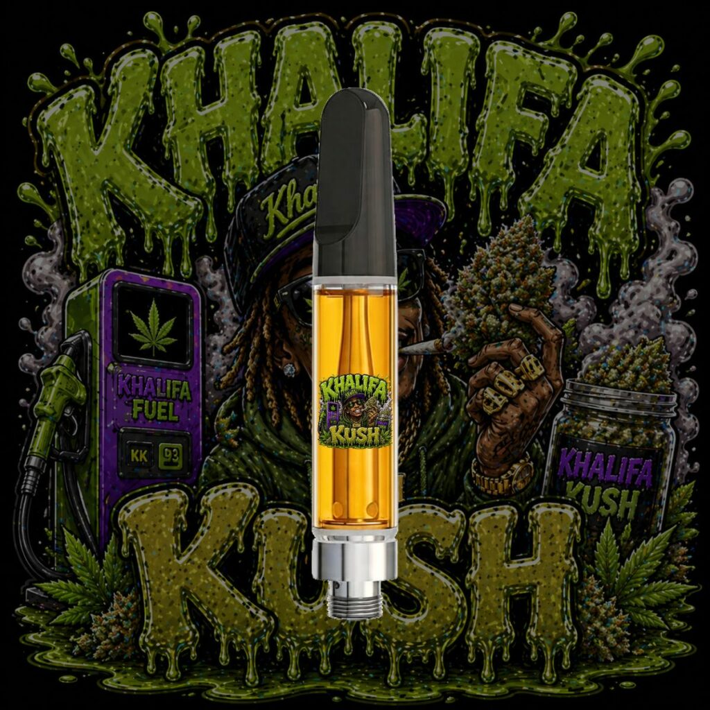 Khalifa Kush HTSFE vape cartridge with premium OG cannabis artwork, full-spectrum THC oil, and gas-heavy terpene strain branding